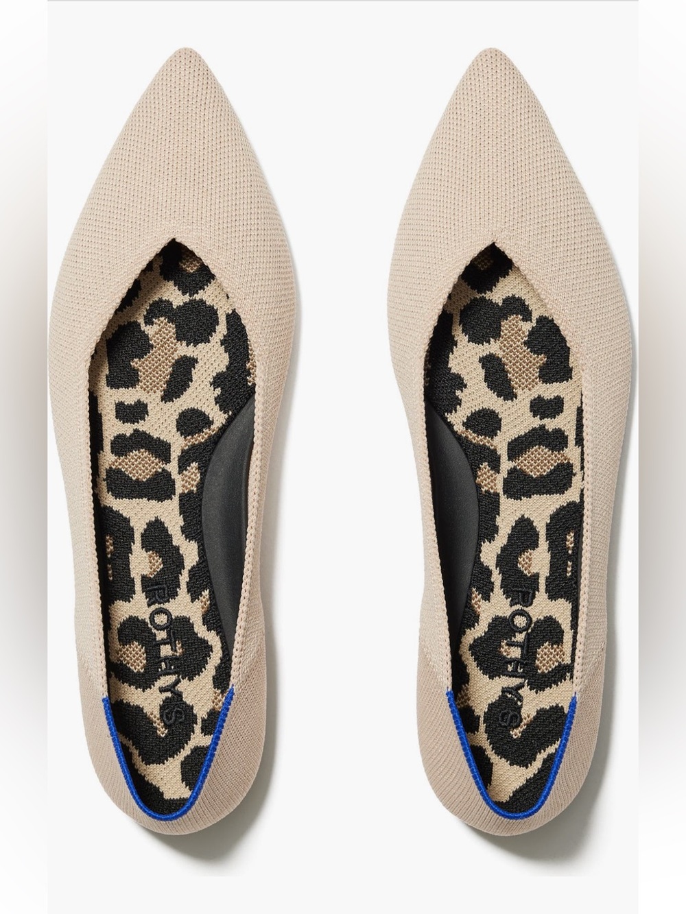 Rothy's Pointed Toe Flats in Beige with Blue Trim